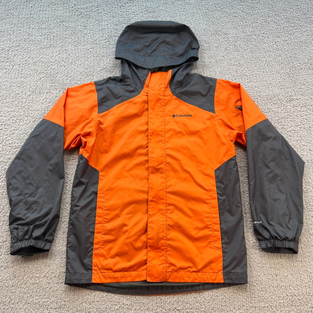 Columbia Youth Orange Gray Omni-Shield Hooded Rain Jacket Size 14/16